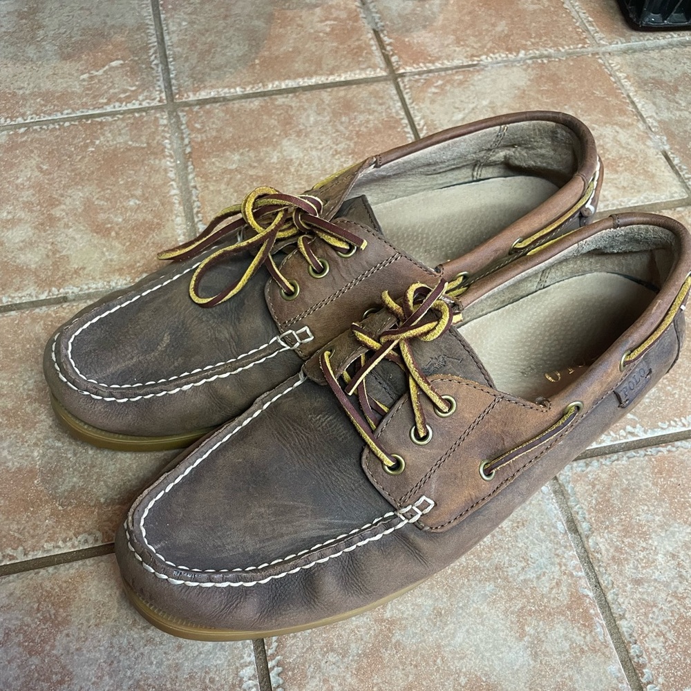 Polo Ralph Lauren Mens Brown Bienne Tumbled Leather Boat Shoes Size 12